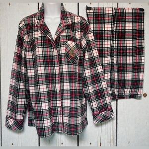 Lauren Ralph Lauren Fleece Pajamas Set Large 2 Pc Monogram Logo Plaid Cabincore